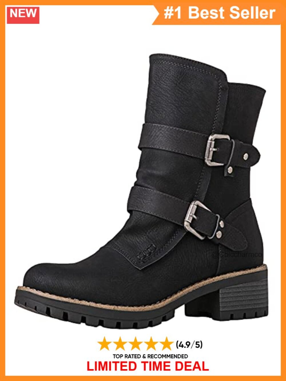 Womens Ankle Boots Faux Fur Lined Winter Moto Booties Adjustable Double Buckle